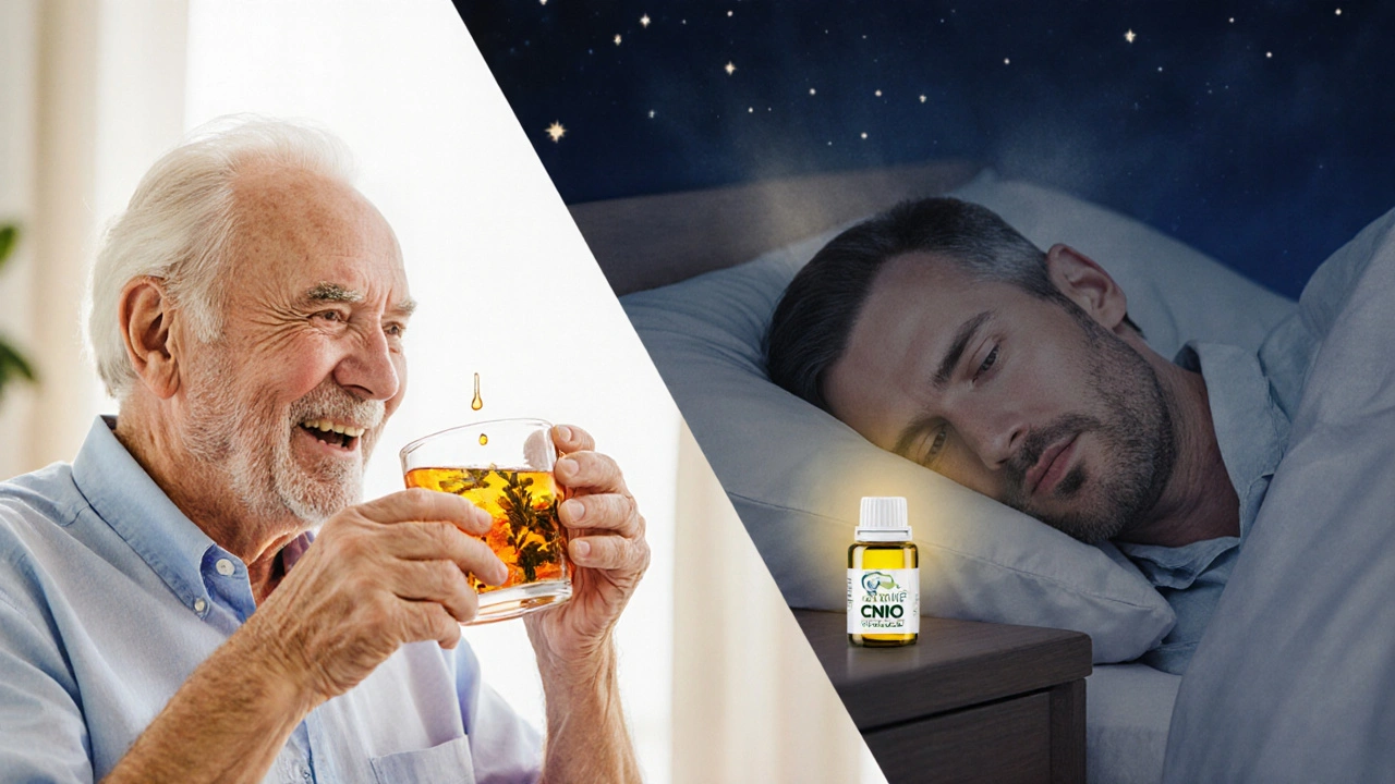 Alter Mann am Morgen mit Tee, abends tief schlafend – CBNO als Brücke zwischen Wachsein und Ruhe.