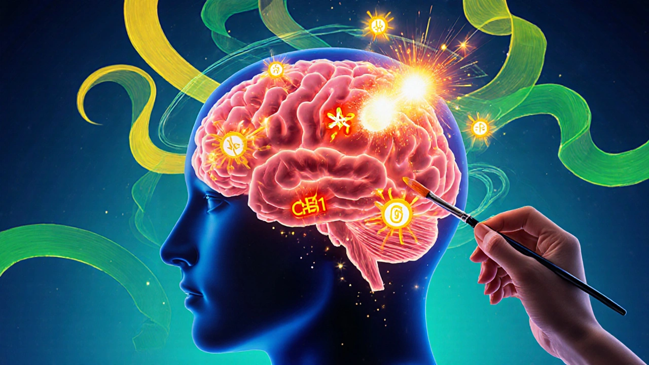 Digitale Darstellung des Endocannabinoid‑Systems mit aktivierten CB1‑Rezeptoren, THC‑Molekülen und Duft‑Swirls von Limonen/Pinene.