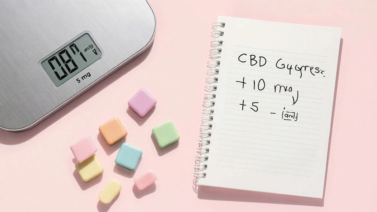 Flachliegende Szene mit CBD‑Kaugummis in 5‑, 10‑ und 15‑mg‑Größen neben einer Küchenwaage und Notizbuch.