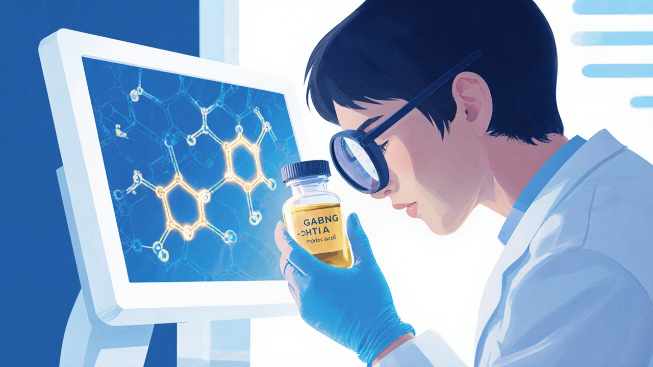 Forscher untersucht CBNO-Extrakt im Labor, GABA-Rezeptoren auf einem Bildschirm sichtbar.