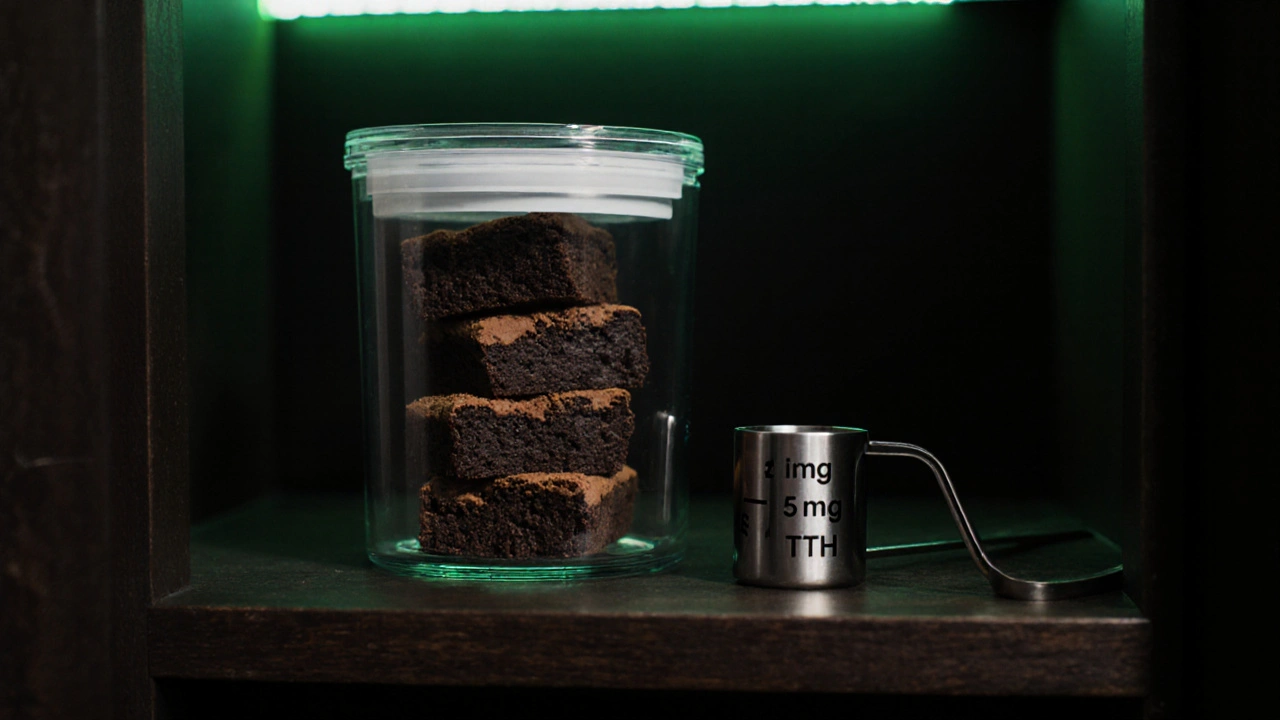 Frische Cannabis‑Brownies, in einer Glasdose aufbewahrt, mit Messlöffel für Dosierung.