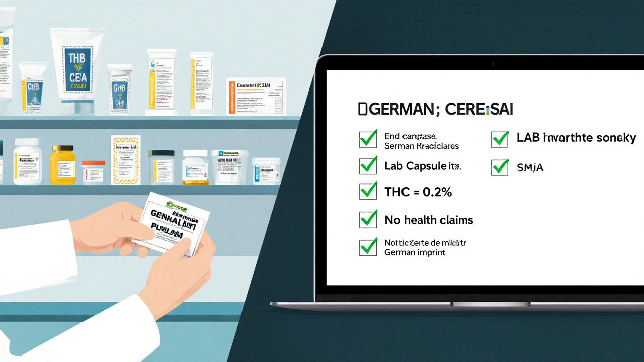 Geteilte Szene: Apotheke mit CBN‑Produkten und Laptop‑Bildschirm mit Labor‑Zertifikat‑Checkliste.