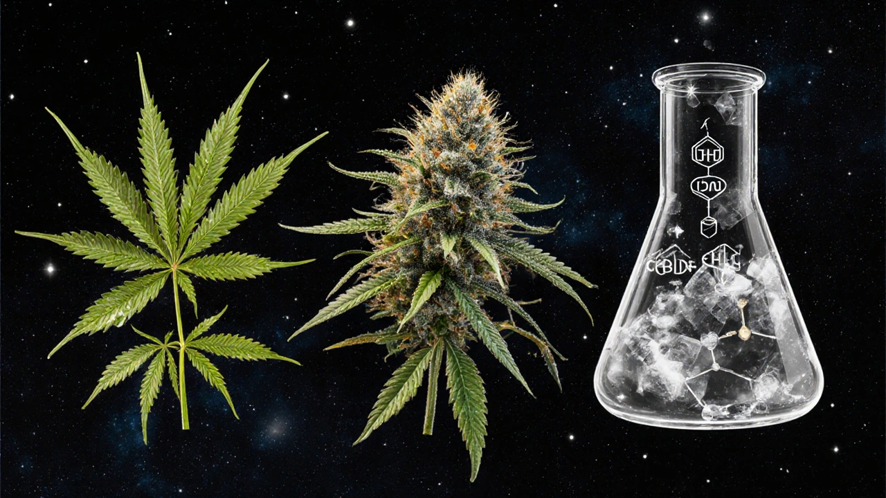 Künstlerische Darstellung von Hanf, Marihuana und einem chemischen Reaktor, die CBD, THC und HHC symbolisieren.