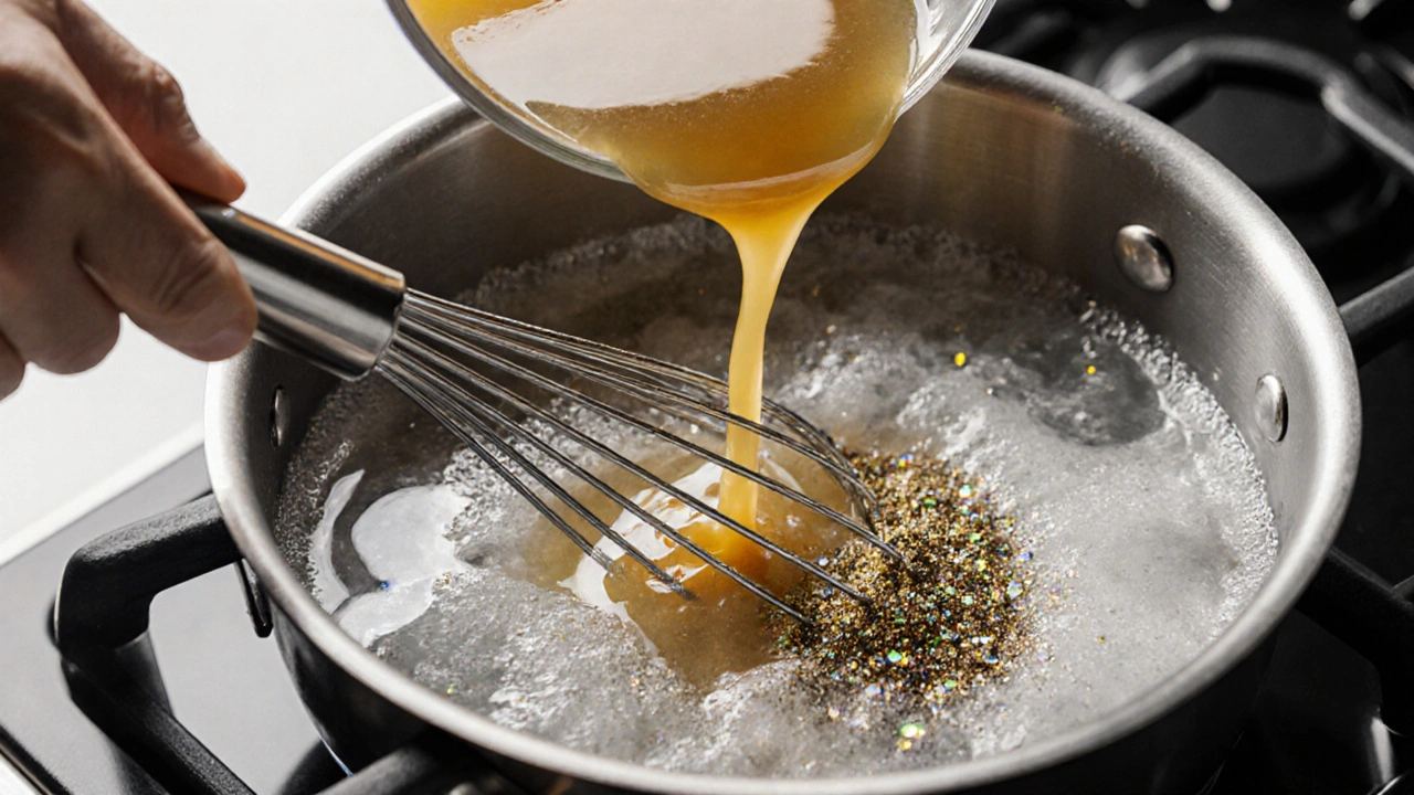 Nahaufnahme von kochendem Wasser, das Lecithin und CBD‑Kristalle aufnimmt, mit Schneebesen und Emulgator.