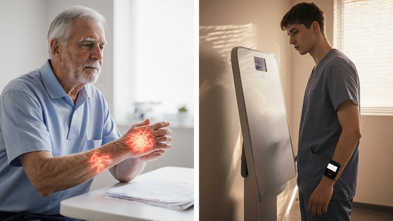 Person mit neuropathischen Schmerzen erlebt Erleichterung, während eine andere ihr Gewicht misst, symbolisch für THCP und THCV.