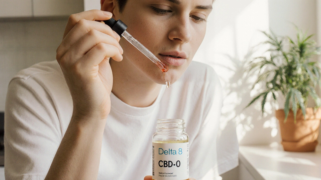 Person nimmt Delta 8 CBD‑Öl sublingual, entspannte Morgenatmosphäre.