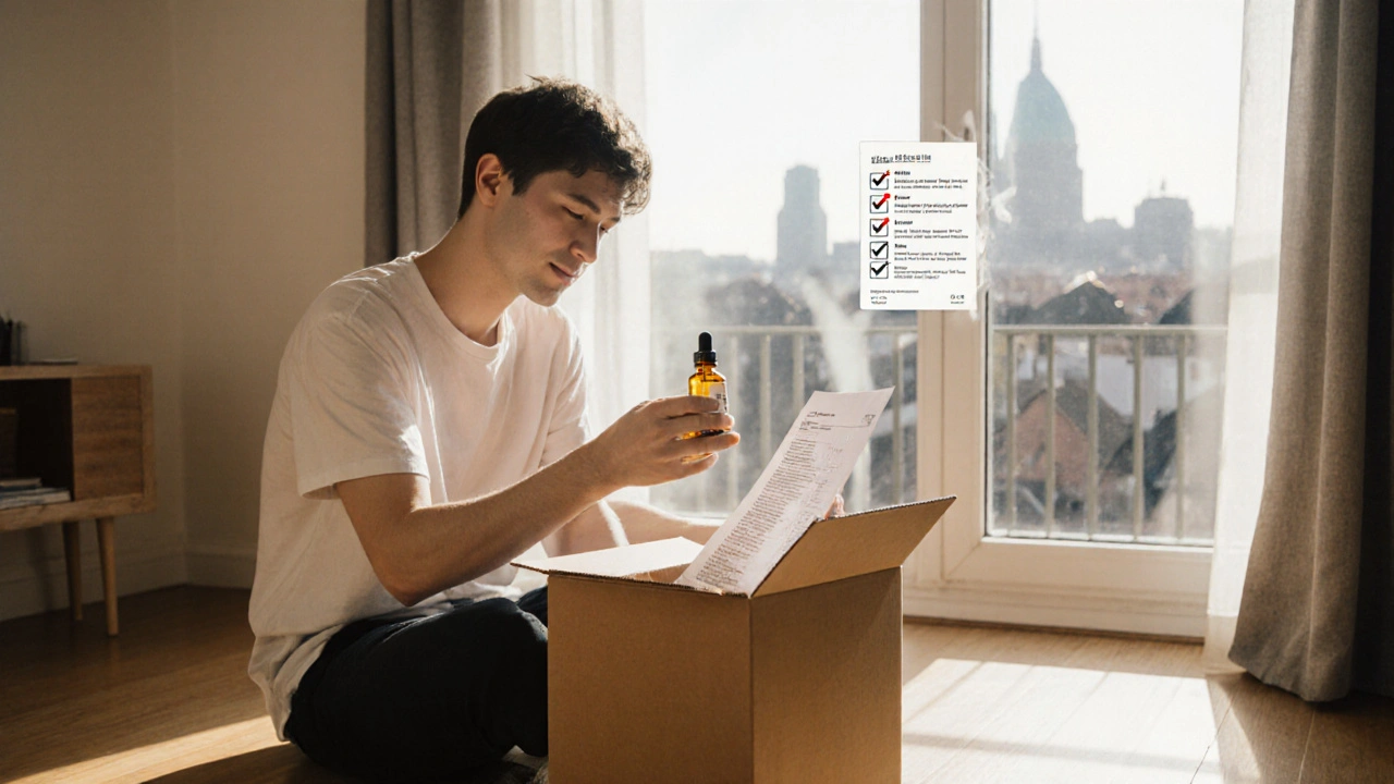 Person öffnet Lieferpaket mit CBN‑Öl, Sonnenlicht über Berlin, zufriedener Ausdruck.