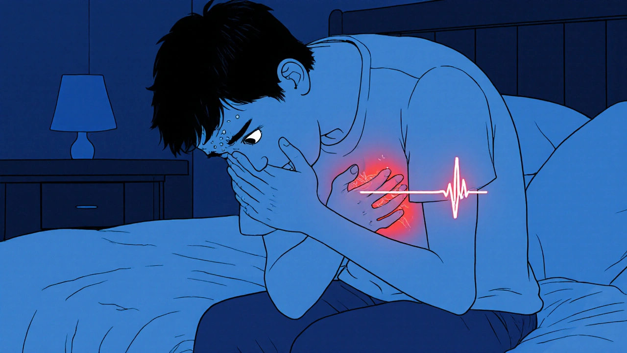 Person sitzt ängstlich am Bett, hält sich die Brust, zeigt Symptome einer Überdosierung.