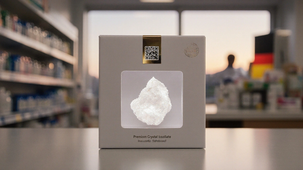 Pharma‑Schalter mit versiegelter Produktbox, EU‑Qualitätssiegel und QR‑Code‑Muster.