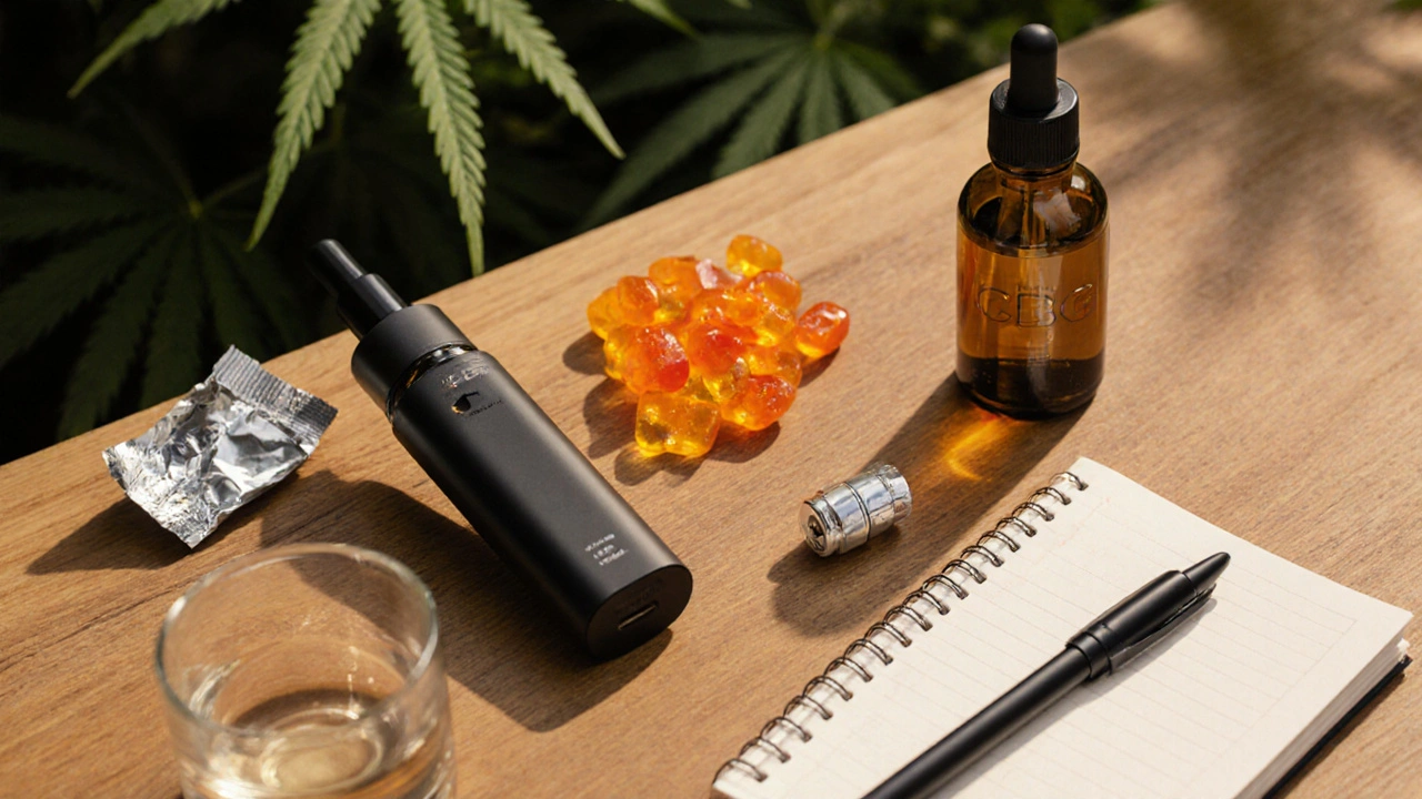 Vape‑Pen, Öl‑Fläschchen und CBG‑Gummis auf Tisch, umgeben von Notizbuch.