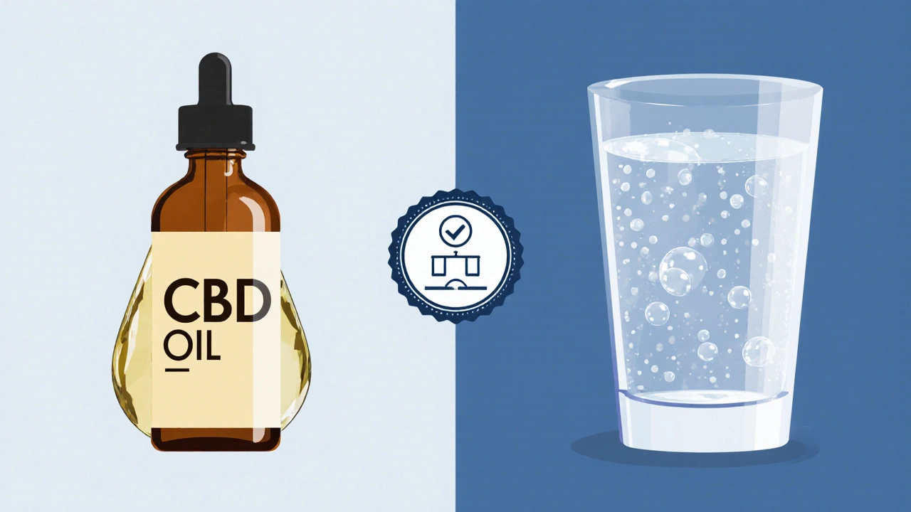 Vergleichende Illustration von CBD in Öl (klar) und in Wasser (trüb) mit Dosierungssymbolen.