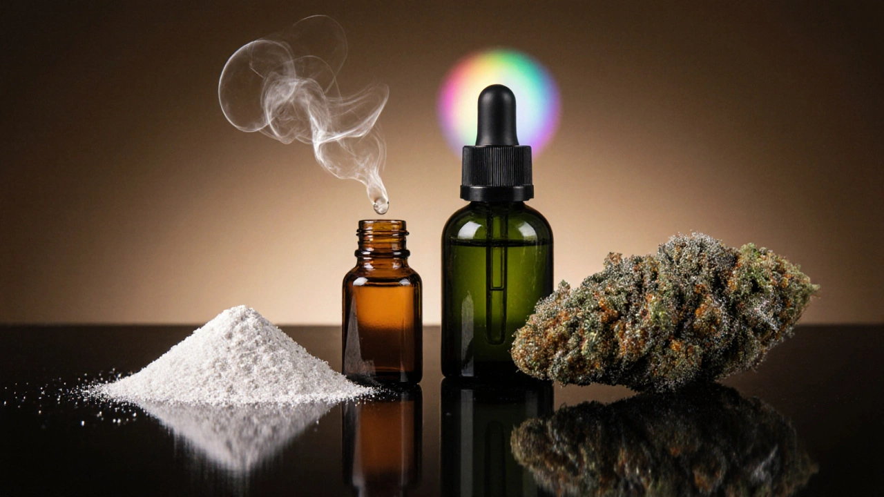 Vier Cannabis‑Produkte: isolierter Kristall, Broad‑Spectrum‑Öl, Full‑Spectrum‑Öl und natürlicher Bud.