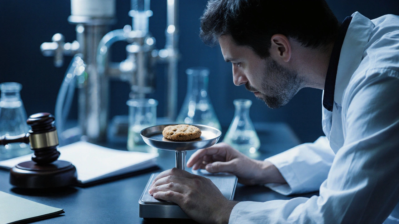 Wissenschaftler prüft einen CBD-Cookie auf einer Laborwaage.