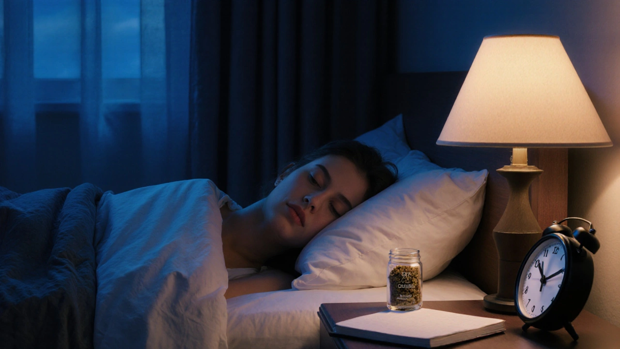 Abends liegt eine Person im Bett, CBD-Crumble-Glas auf dem Nachttisch, gedämpftes Licht und Vorhang im Wind.