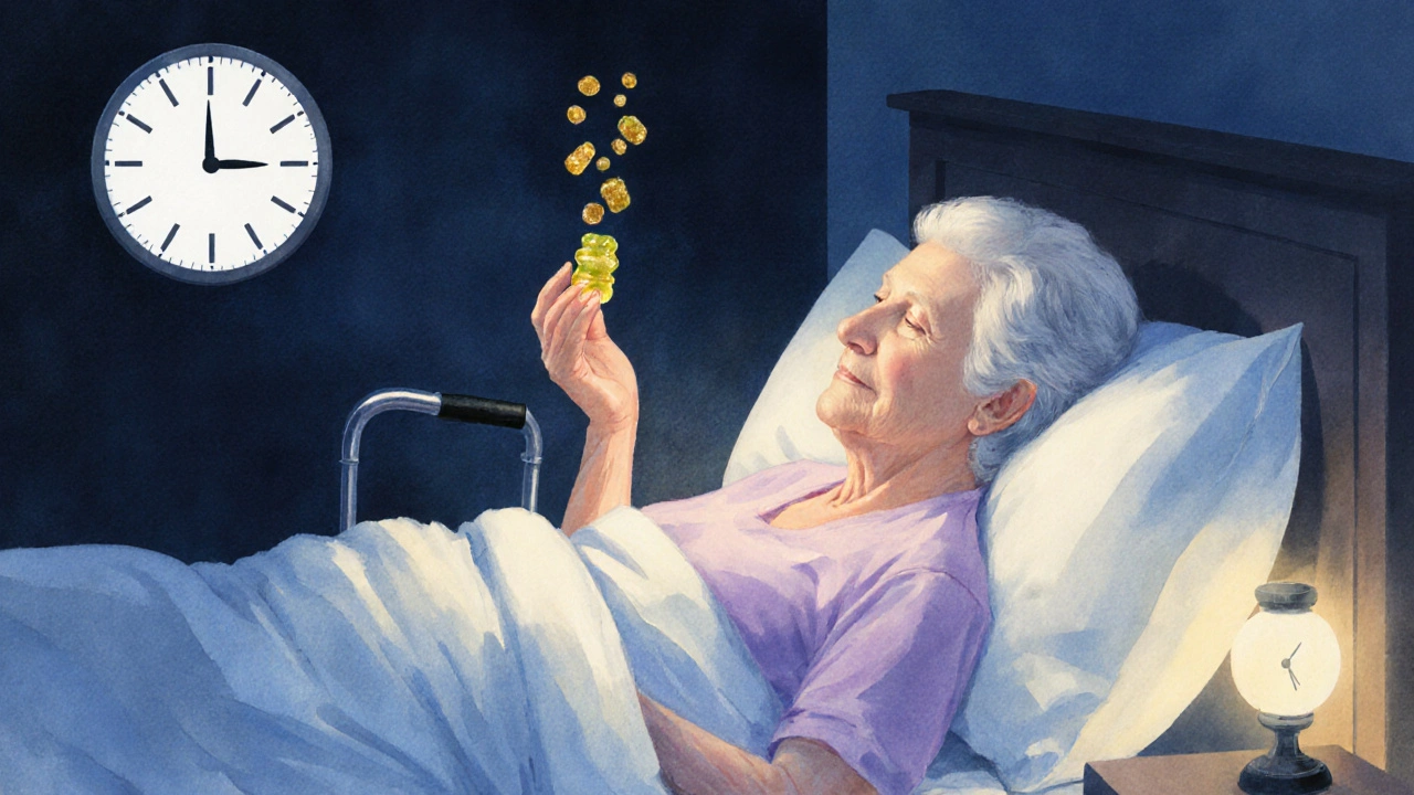 Ältere Frau schläft ruhig im Bett, goldenes Licht strömt von einer CBD-Gummibärchen aus.