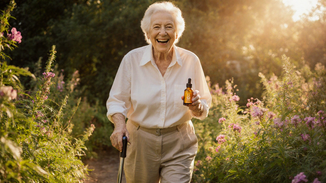 Älterer Mensch spaziert im Garten, CBD-Öl in der Hand, symbolisiert mehr Beweglichkeit und Wohlbefinden.