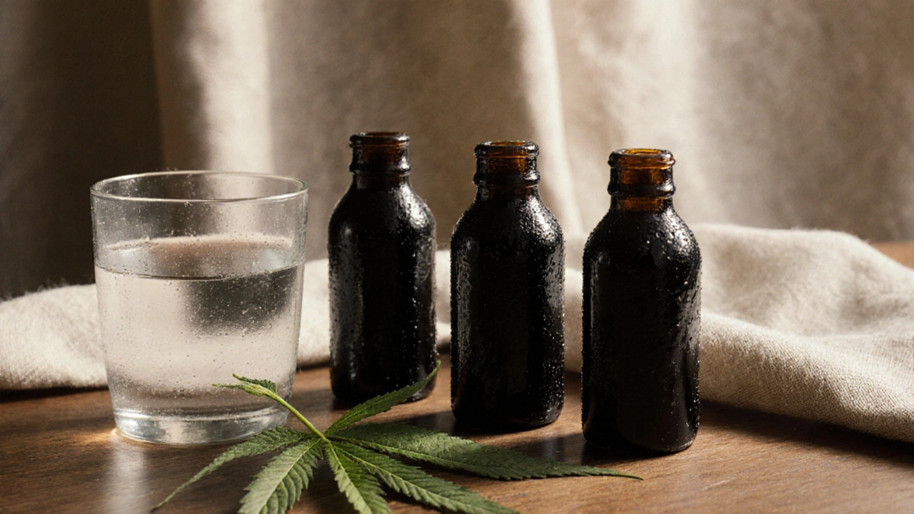 Drei dunkle Glasflaschen mit Hanfsaft neben einem Hemp-Blatt auf Holztisch.