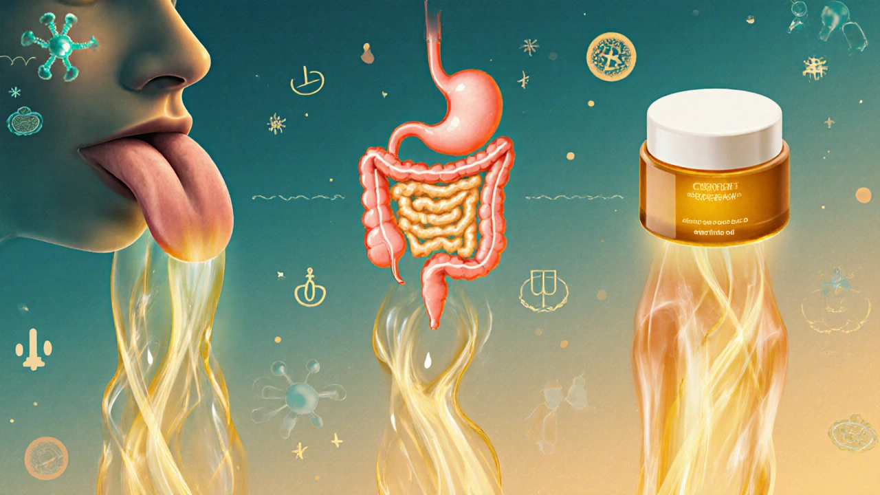 Drei Wege, wie CBD im Körper wirkt: unter der Zunge, im Magen und auf der Haut.