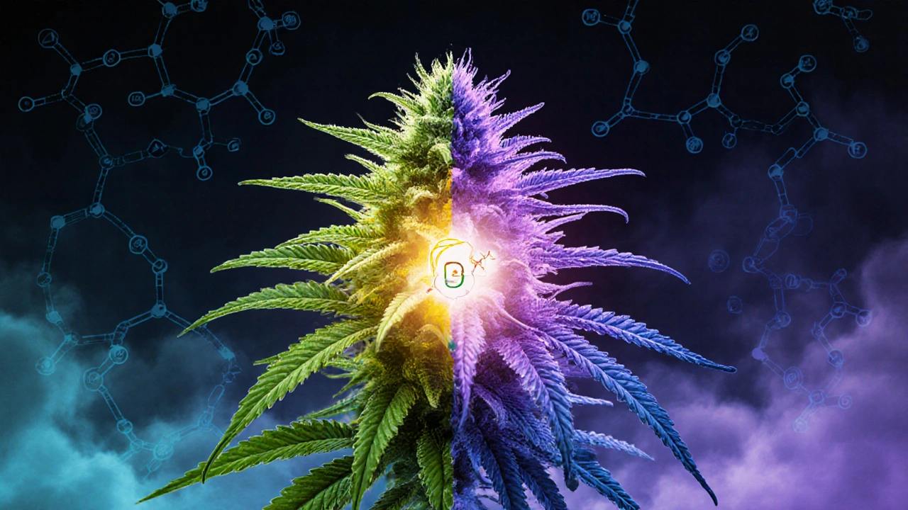 Ein Cannabis-Blütenkonzept mit citrusfarbenen und lila-türkisen Bereichen für Tag und Nacht, verbunden durch ein CBD-Molekül.