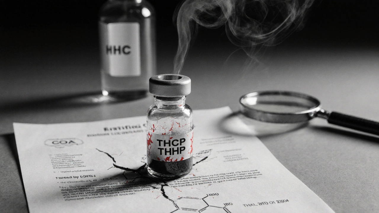 Ein gebrochener THCP-Vial mit Rauch daneben, neben einem intakten HHC-Vial und einem Laborzertifikat auf einem Tisch.