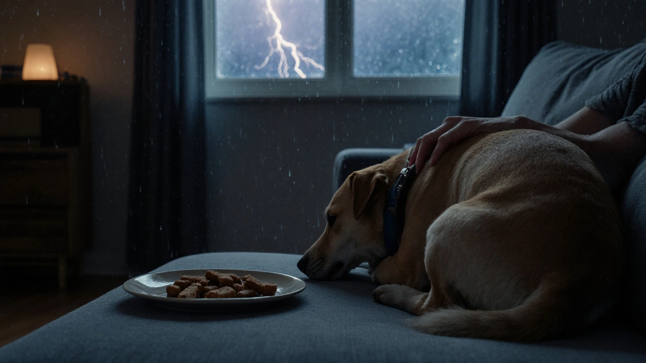 Ein Hund sitzt friedlich im Wohnzimmer, während draußen Gewitter wütet, sein Besitzer beruhigt ihn.