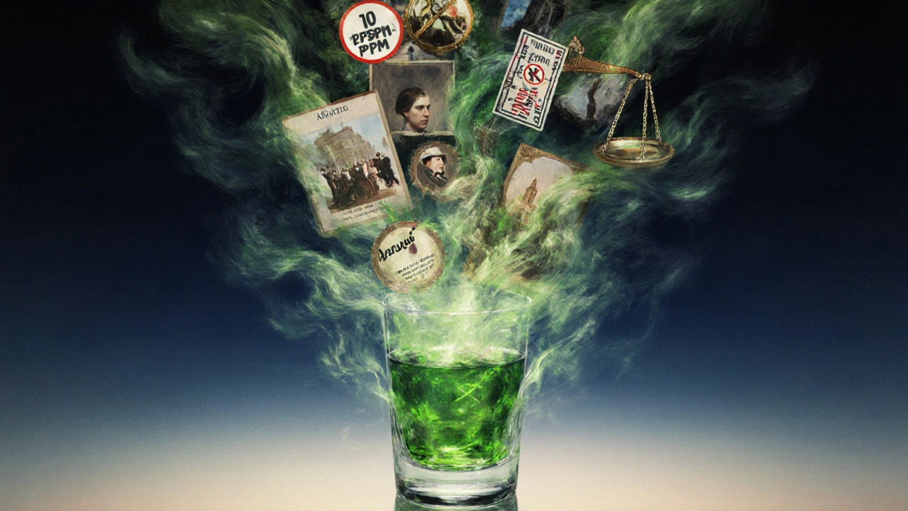 Ein magischer, grüner Dampf aus Absinth formt historische Szenen der Prohibition und der europäischen Tradition.