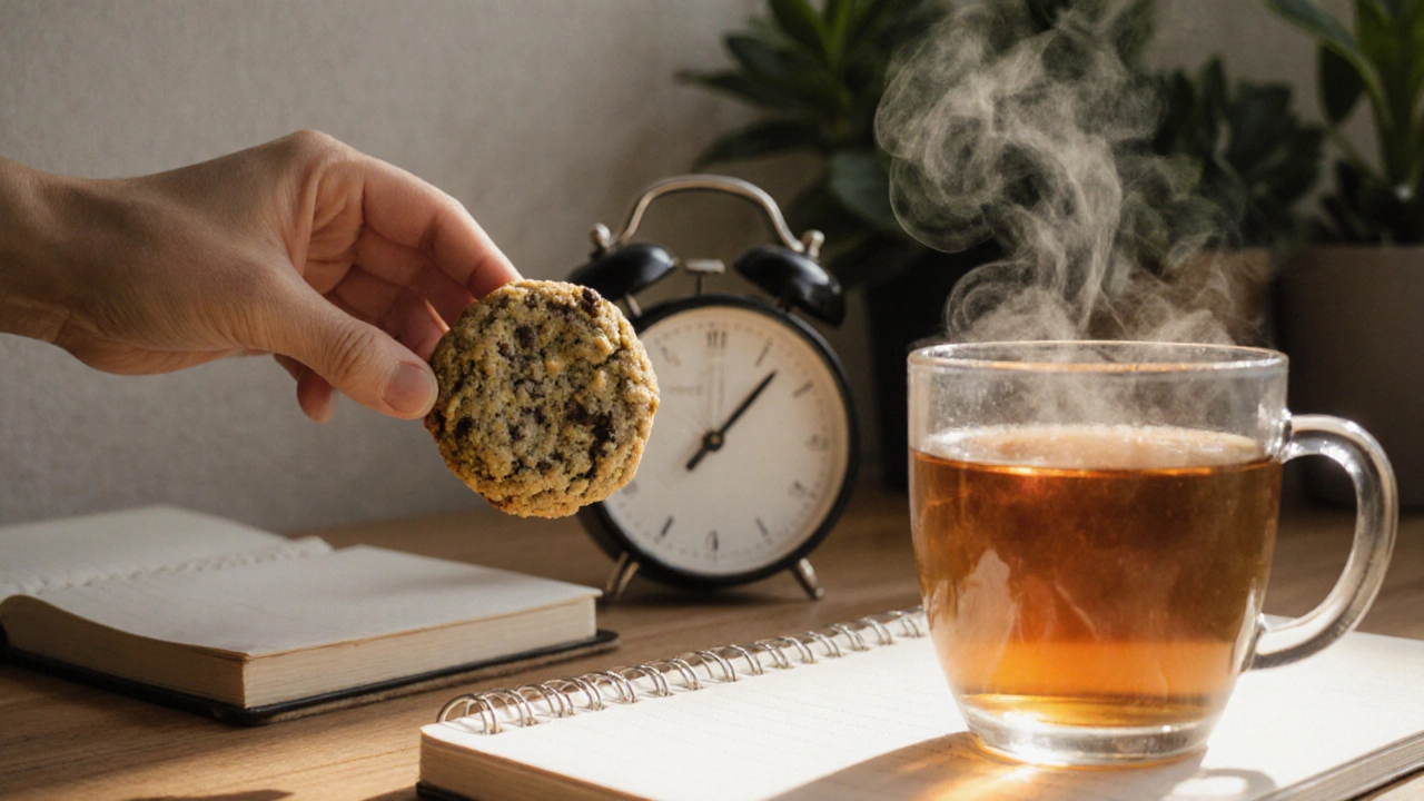 Eine Hand legt einen CBD-Cookie auf die Küchenbank neben einer Tasse Kräutertee am Morgen.
