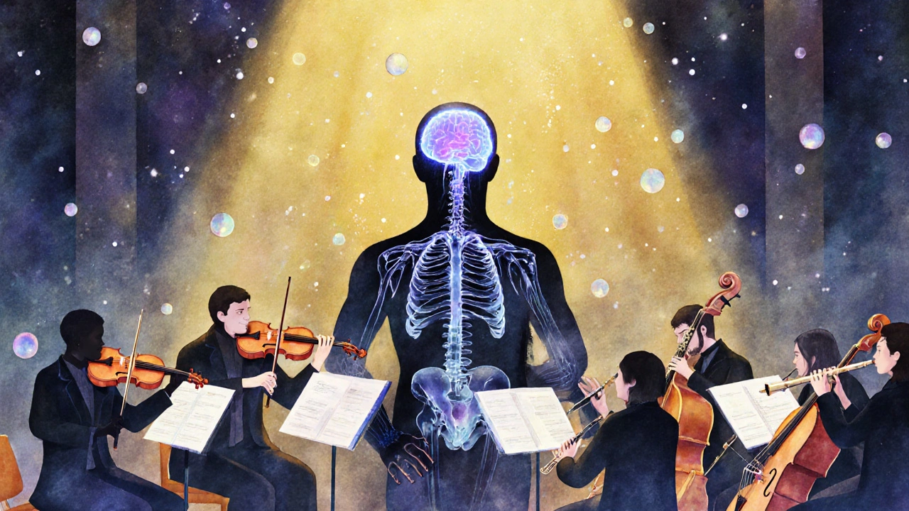 Eine Orchesterdarstellung, bei der verschiedene Hanfverbindungen als Musiker in harmonischer Symphonie dargestellt sind.