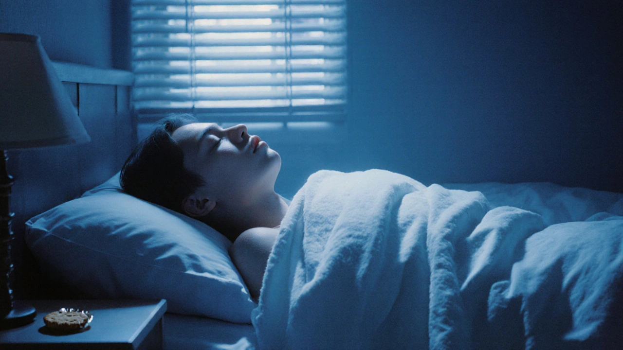 Eine Person liegt abends im Bett, entspannt und ruhig, Mondlicht fällt durch das Fenster.