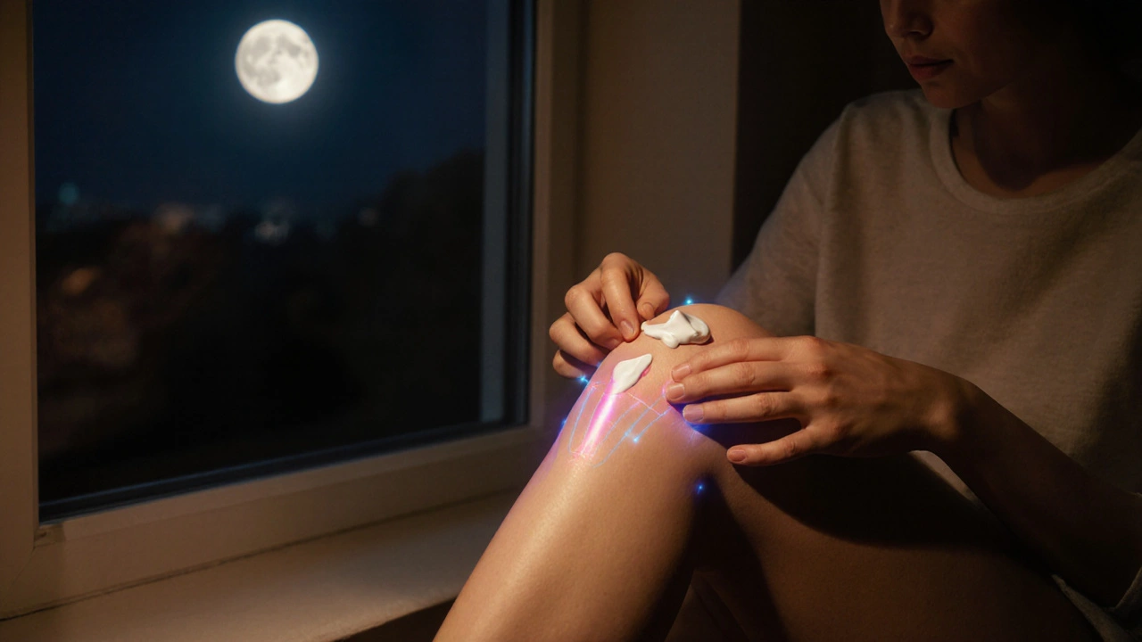 Eine Person massiert sanft eine CBD-Creme auf ihr Knie, von Mondlicht erhellt, in ruhiger Nachtatmosphäre.