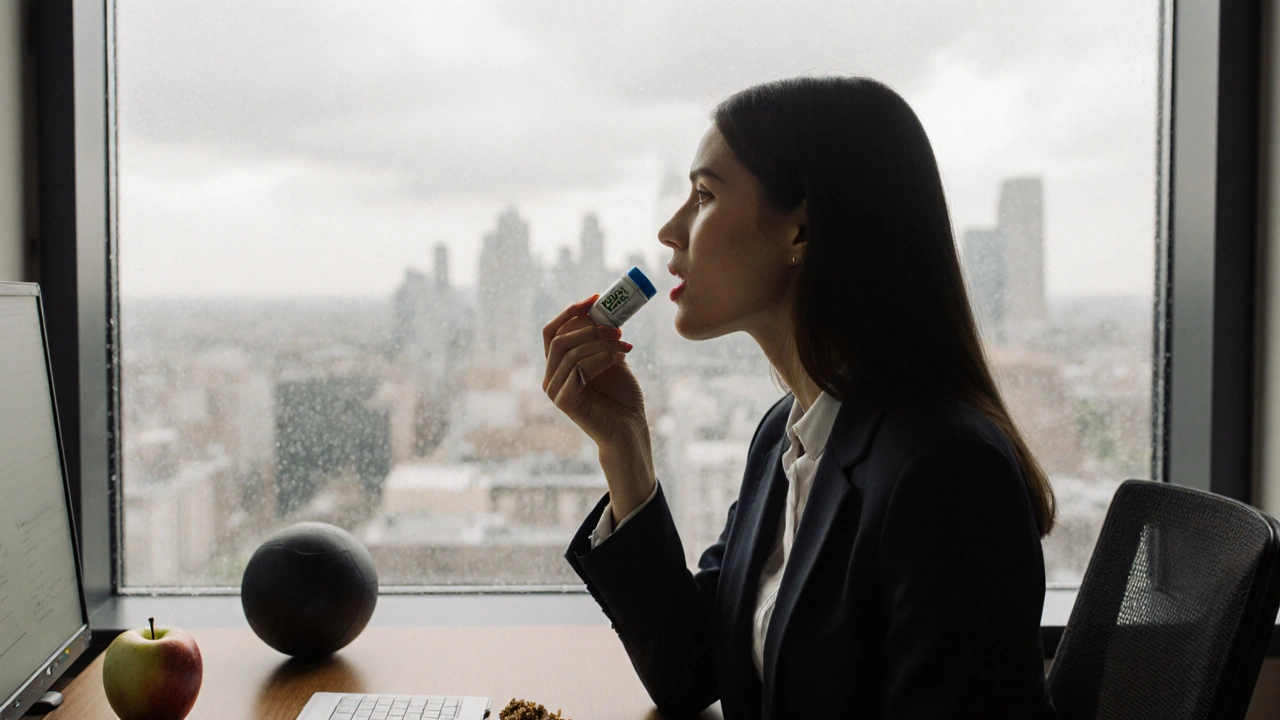 Frau nimmt mittags CBD-Crumble am Schreibtisch ein, Regen draußen, ruhige Büroatmosphäre.