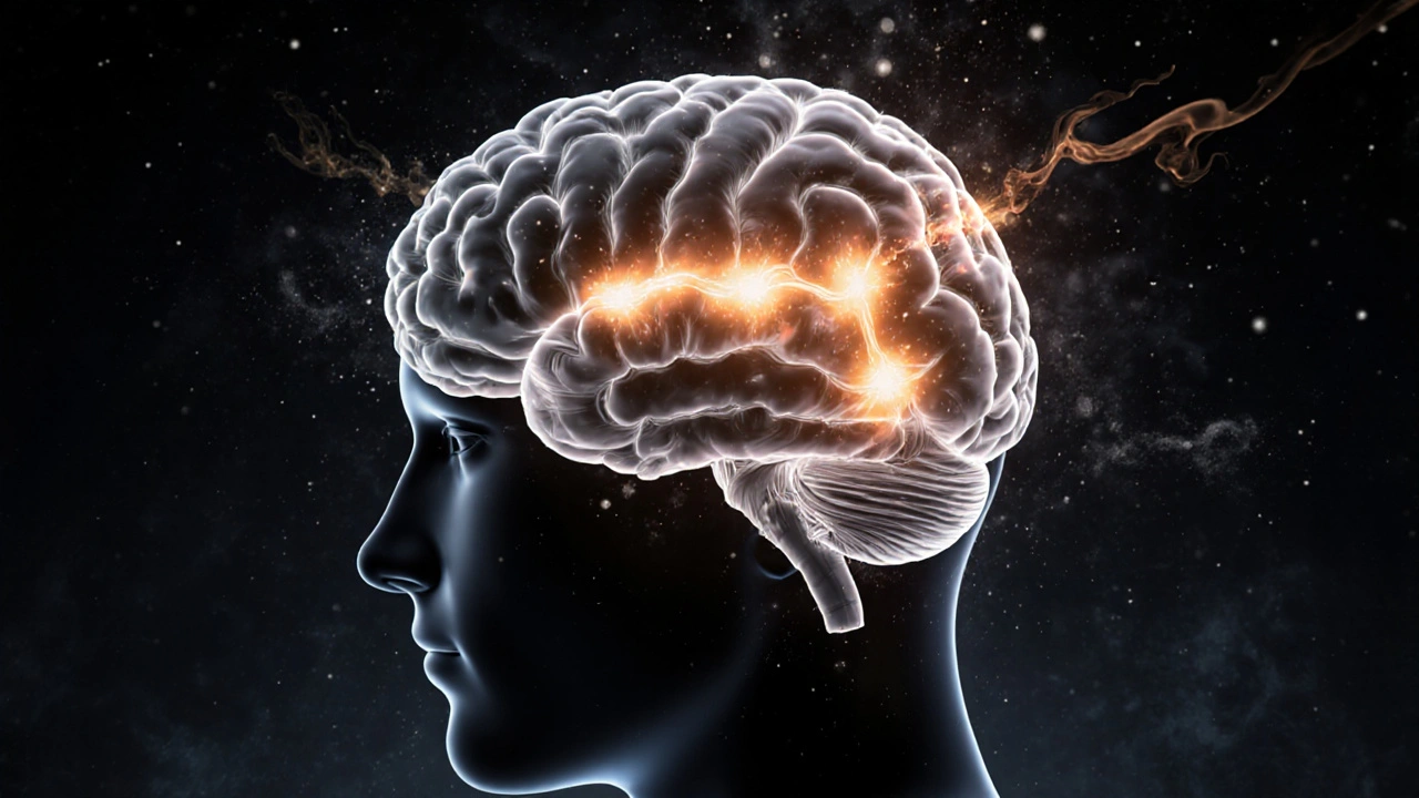 Gehirn mit leuchtenden Rezeptoren, die HHC-Moleküle binden, abstrakt und wissenschaftlich dargestellt.