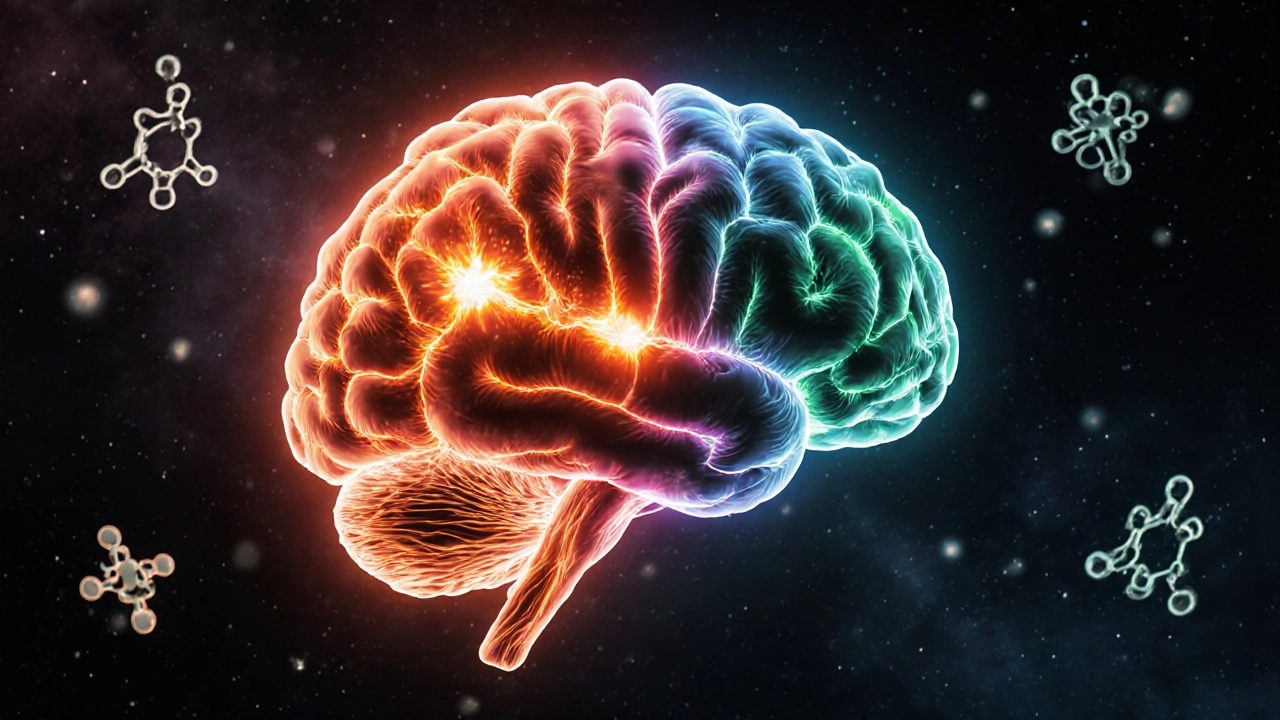 Gehirn mit zwei unterschiedlichen neuronalen Wegen: warme THC-Aktivität und kalte CBD-Beruhigung.