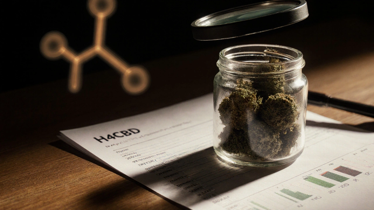 Glasgefäß mit H4CBD-Blüten neben einem verschwommenen Laborbericht.