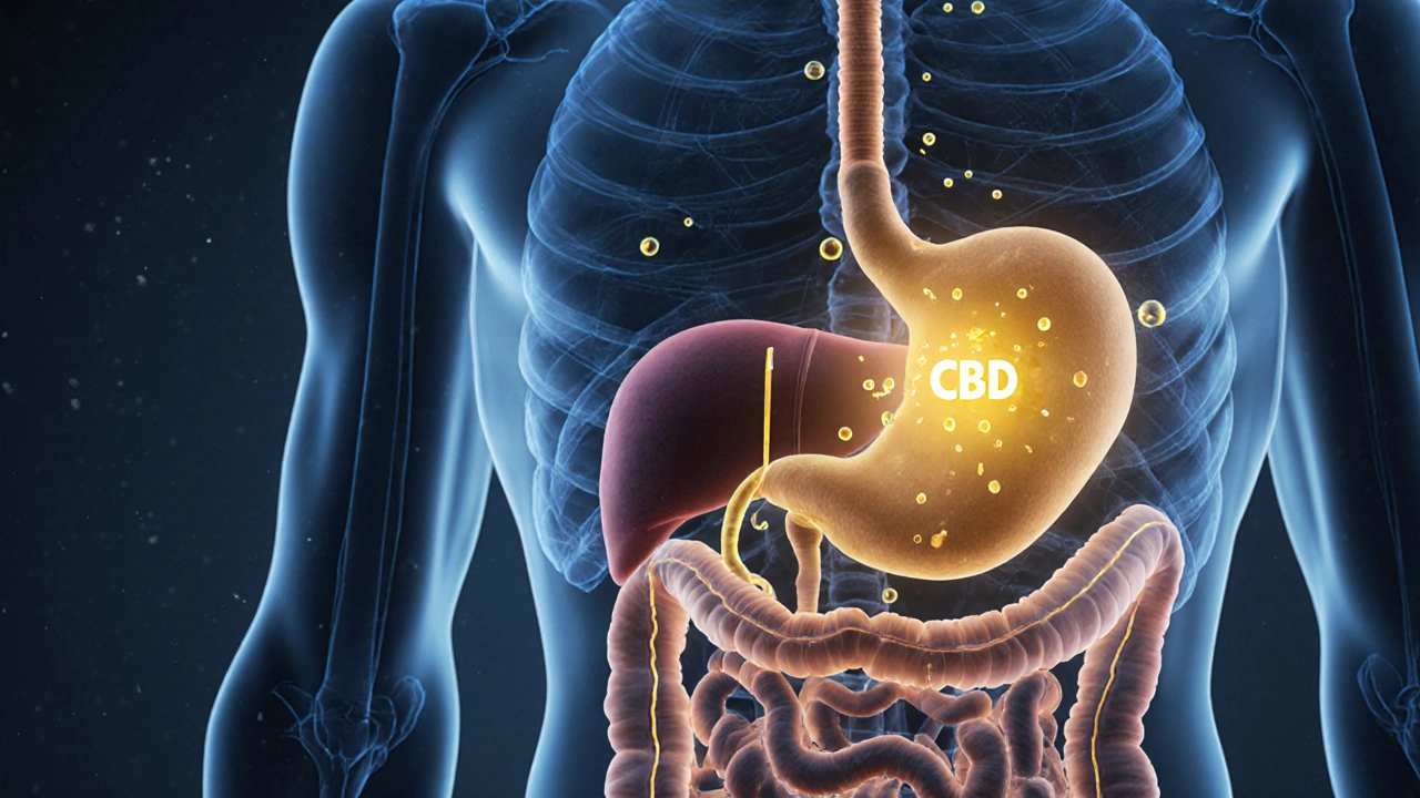 Glowende CBD-Moleküle bewegen sich langsam durch den Magen-Darm-Trakt zum Leber.