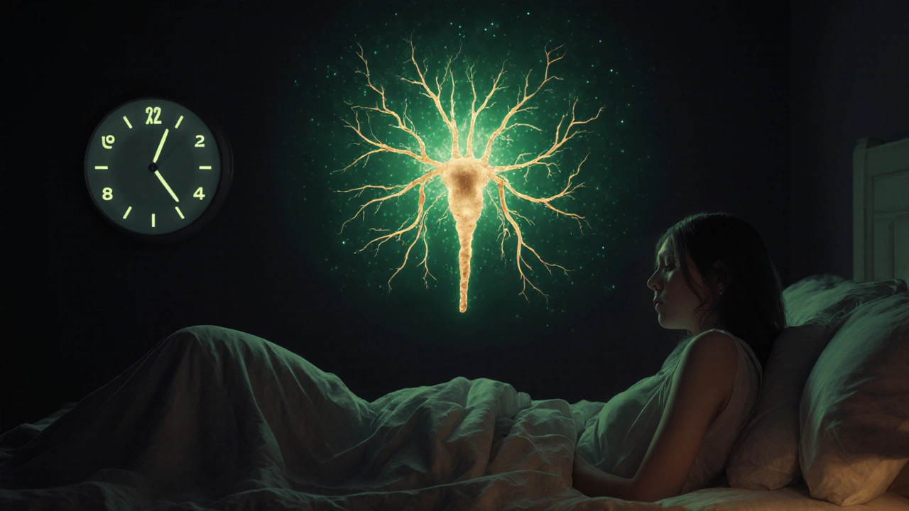 Glowendes Nervensystem über einem Bett, das CBDs beruhigende Wirkung bei nächtlichem Aufwachen symbolisiert.