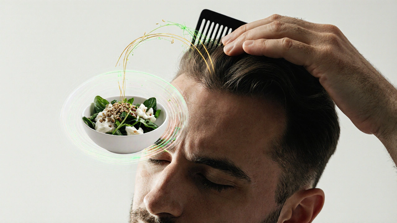 Hand, die Haare kämmt, mit durchsichtigem Nährstofffluss von gesunden Lebensmitteln zur Kopfhaut.