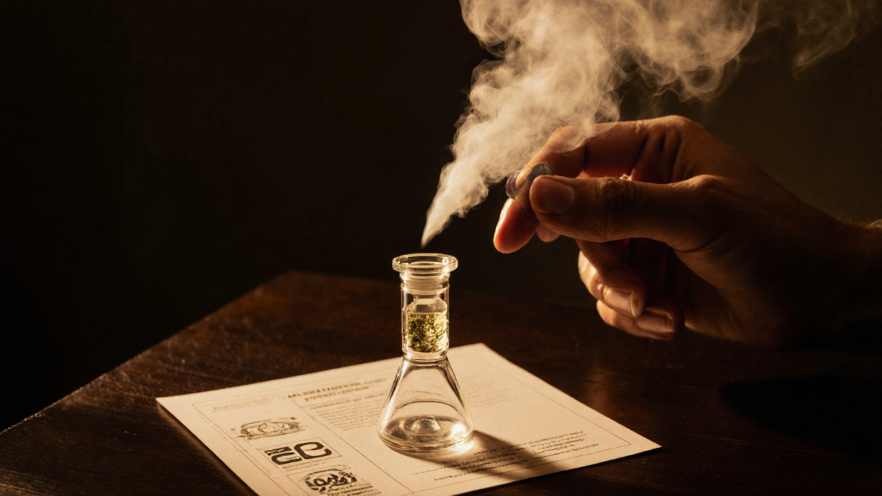 Hand verwendet Dab-Rig, um CBD-Shatter zu verdampfen, mit feinem Dampfstrom in warmem Licht.