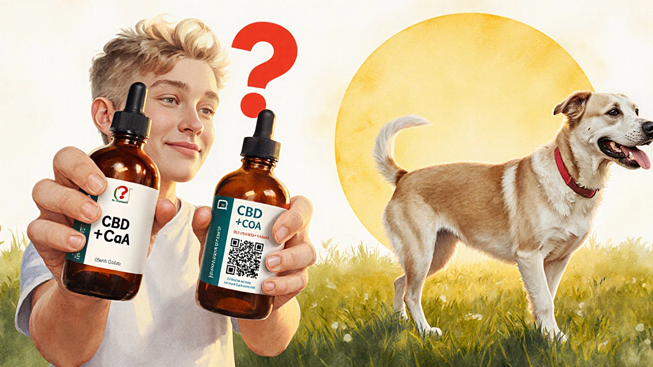 Hundehalterin zweifelt zwischen Hanf- und CBD-Produkt, während der Hund glücklich läuft.