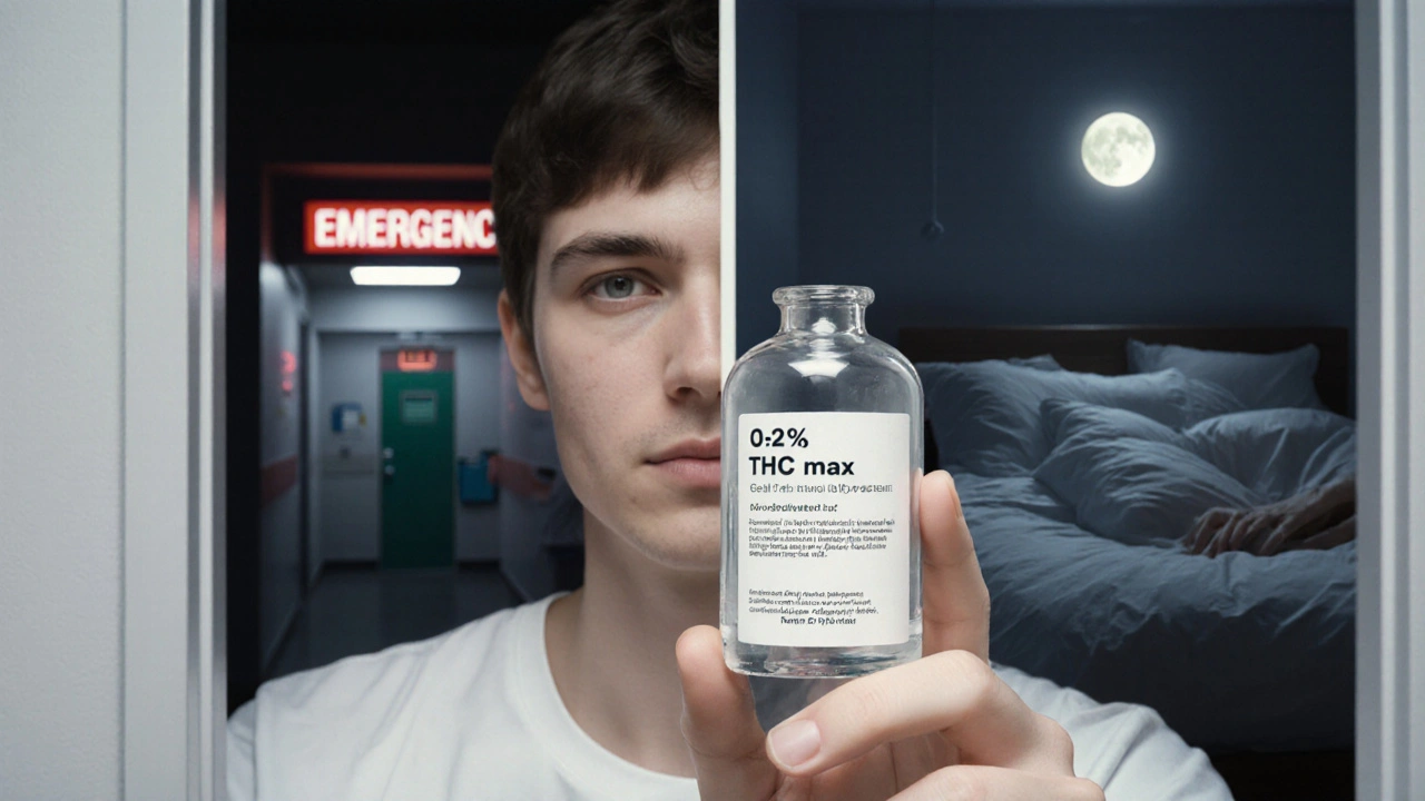 Junge Person hält ein H4CBD-Produkt mit klarem THC-Hinweis, dahinter ein symbolischer Vergleich von Risiko und Sicherheit.