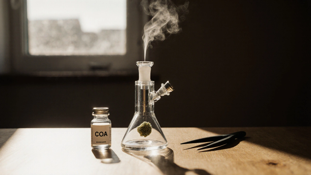 Kleines Stück THC-Shatter auf einer Dab-Nadel, dampfend, neben einem COA-Etikett und einer Pinzette.