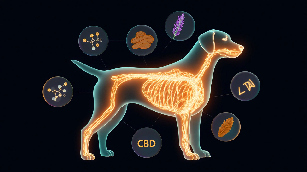 Künstlerische Darstellung der beruhigenden Wirkung von CBD im Nervensystem eines Hundes.