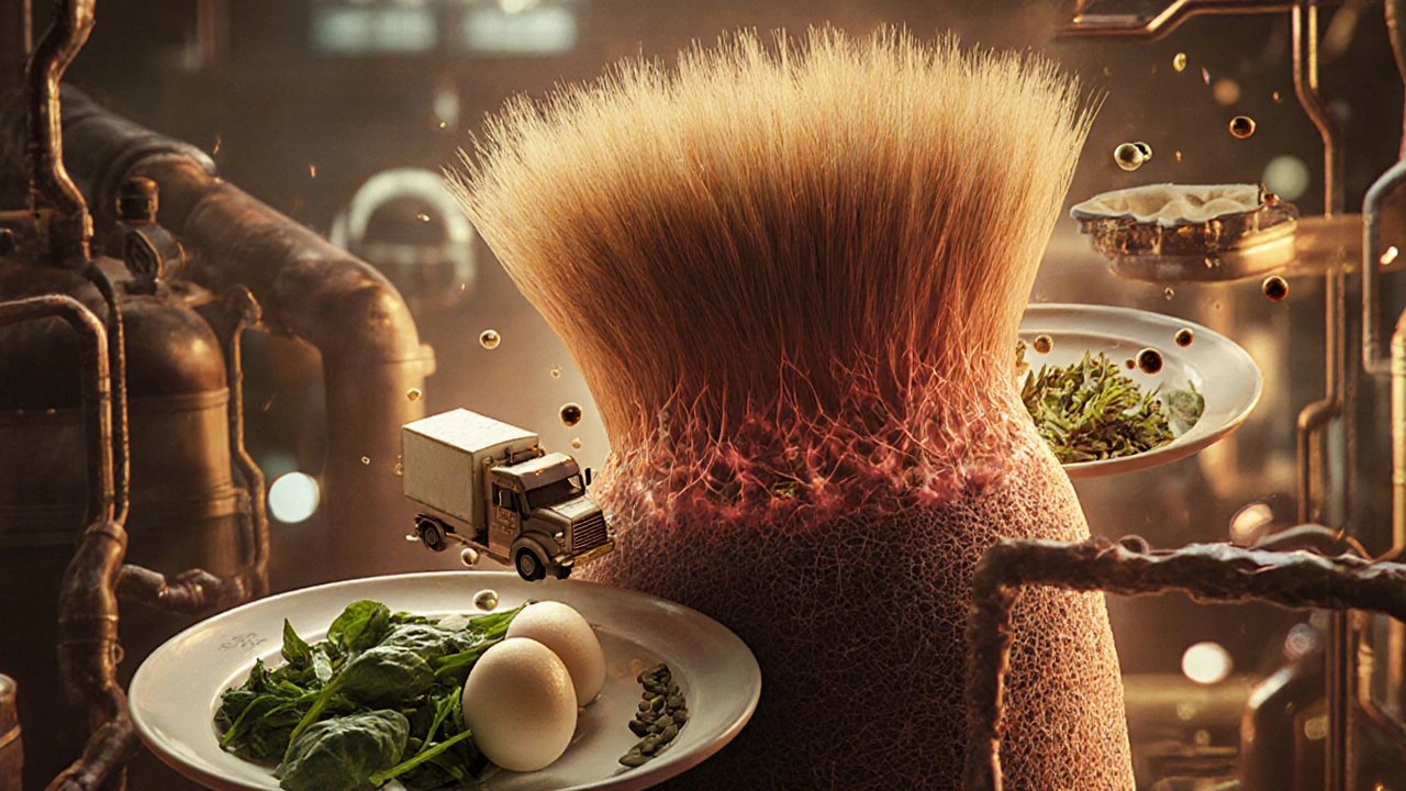 Künstlerische Darstellung einer Haarwurzel als Produktionsanlage, die Nährstoffe aus Lebensmitteln aufnimmt.