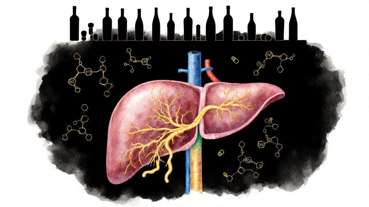 Künstlerische Darstellung einer Leber mit goldenen CBN-Stoffwechselwegen, umgeben von Molekülen.