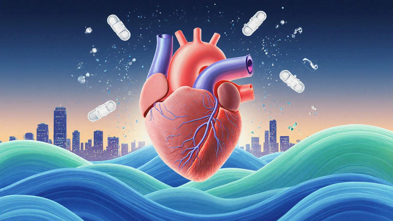 Künstlerische Darstellung eines Herzens, umgeben von wellenförmigen Endocannabinoid-System-Wellen und CBD-Molekülen.