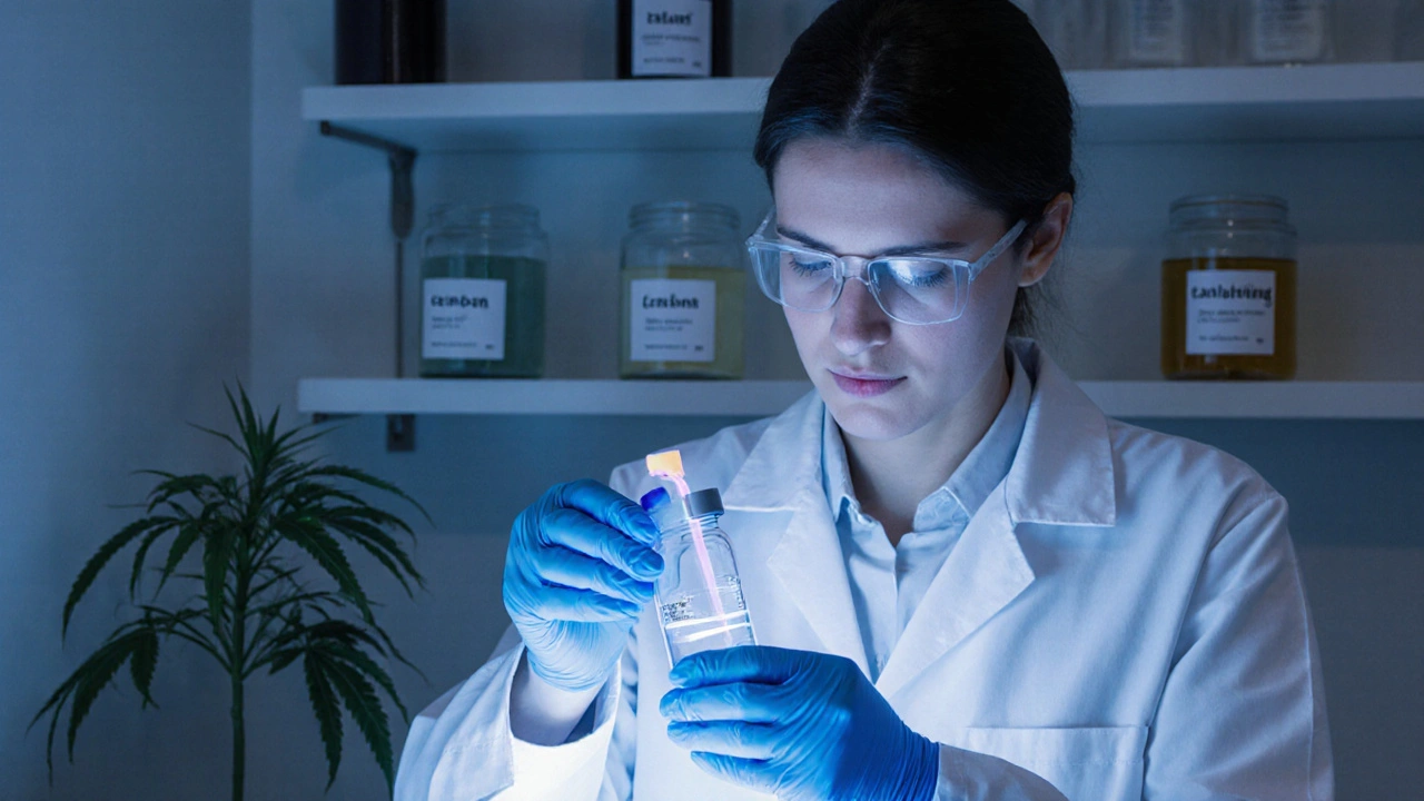 Labor mit Wissenschaftler, HHC-Fläschchen und Terpen-Gläsern, unbeachteter Hanf im Hintergrund.