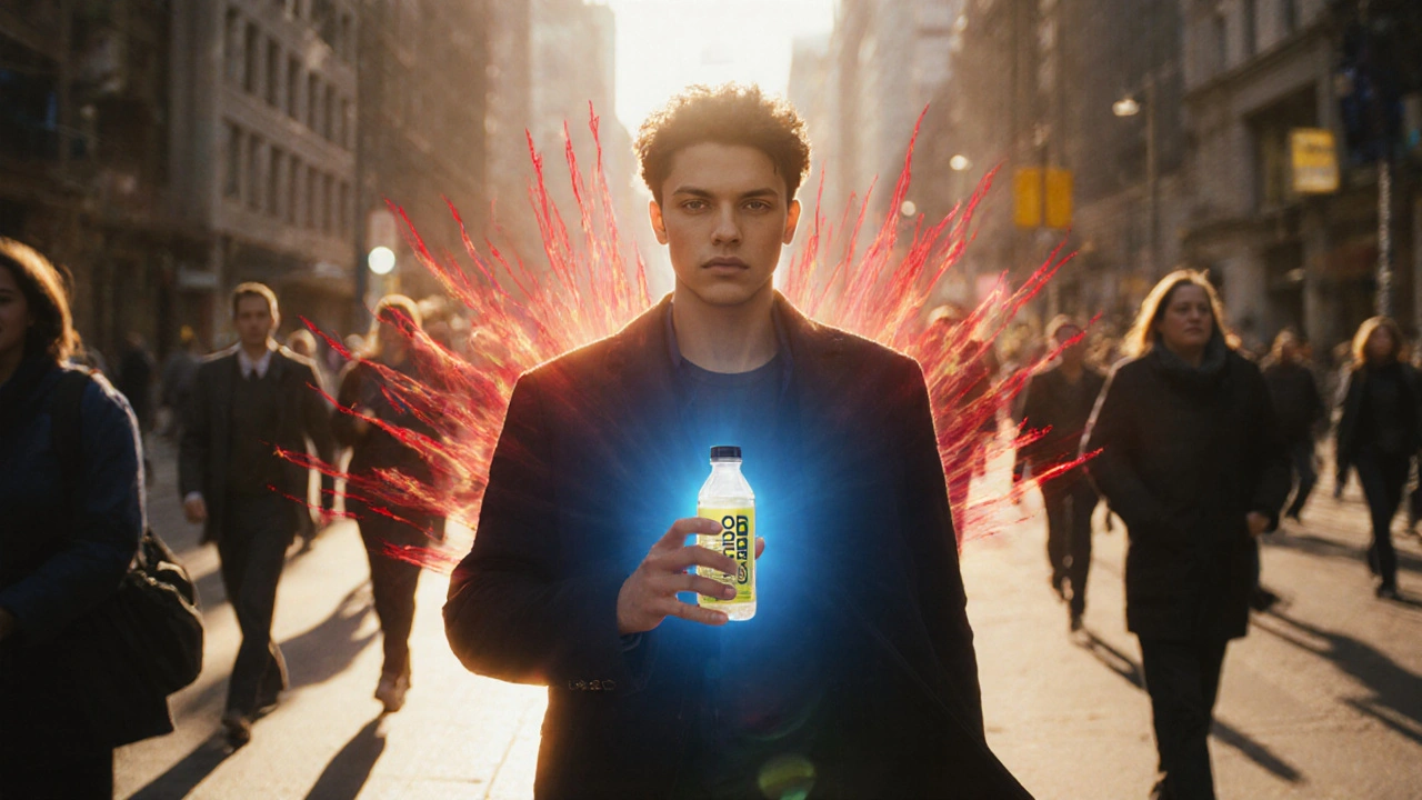 Mensch geht ruhig durch die Stadt, andere wirken gestresst, goldenes Licht um ihn herum.