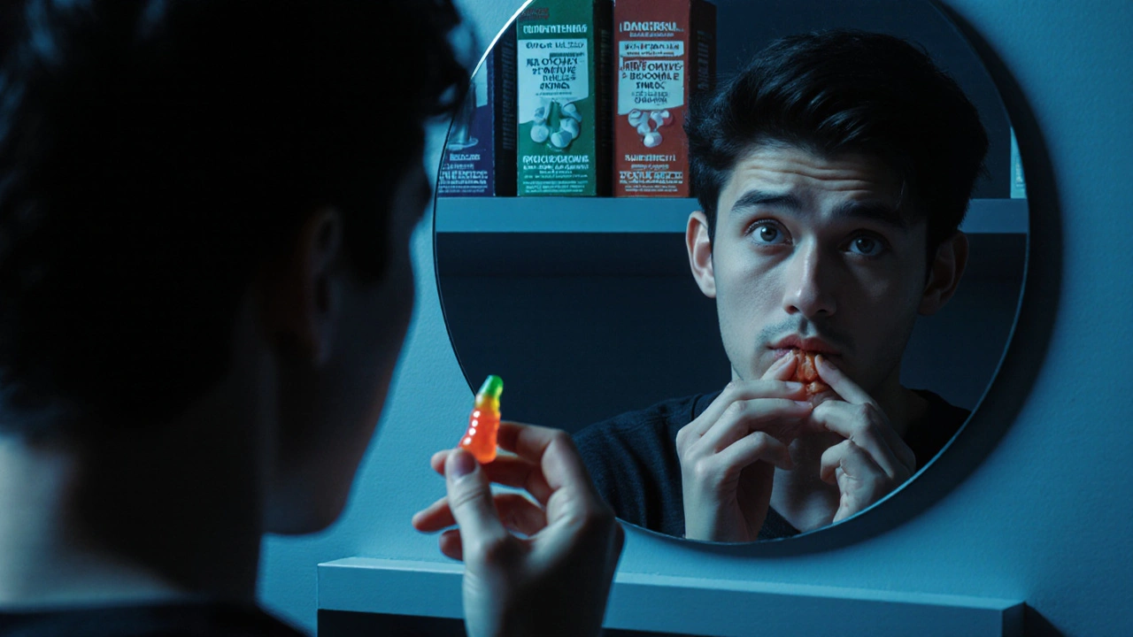 Mensch hält CBD-Gummi, Spiegelbild zeigt Verwirrung, Regal mit sicheren und riskanten Produkten.