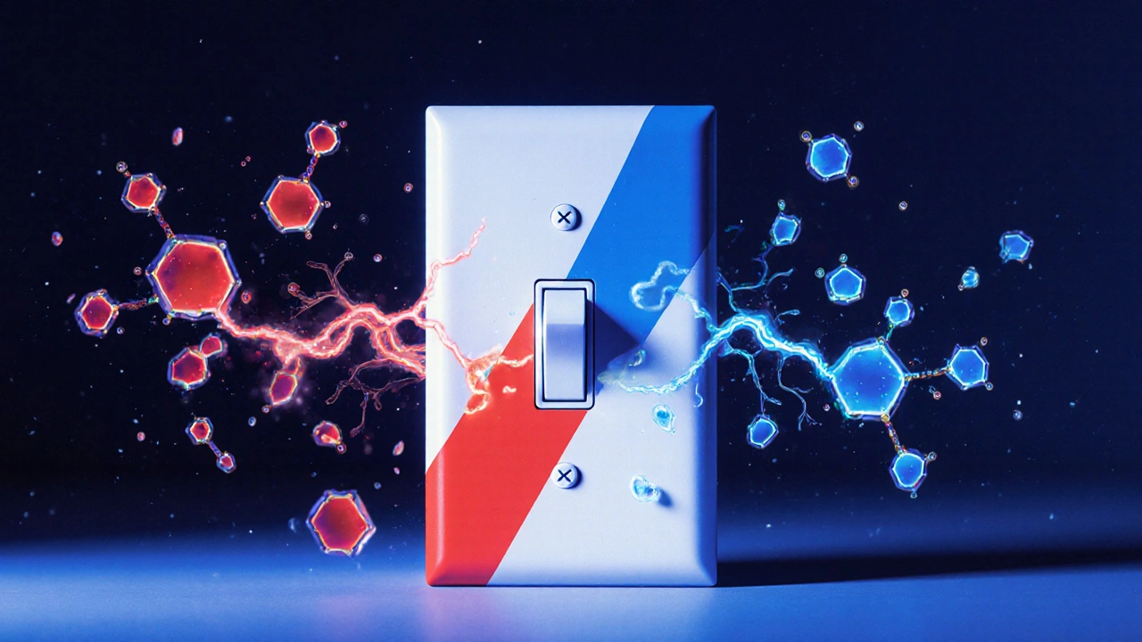 Neutrale Lichtschalter mit roter und blauer Seite, umgeben von schwebenden Terpenmolekülen.