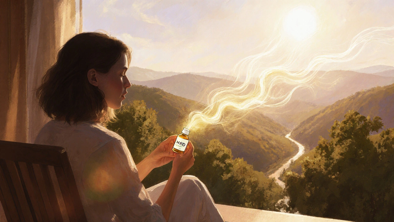 Person auf Balkon mit HHC-CBD-Tropfen, sanftes Licht und symbolische Windwehen